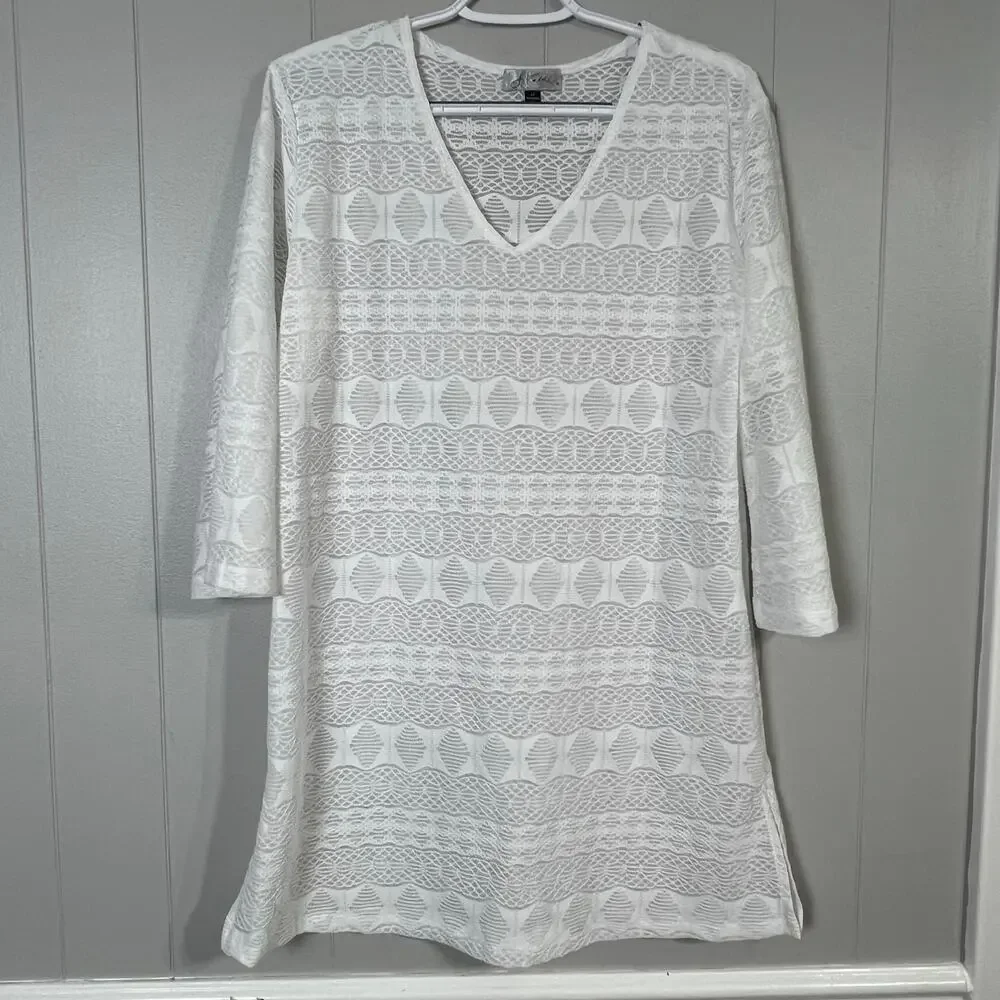 J Valdi White Sheer Lace Swim Cover Up Tunic M 3/4 Sleeve Beach Resort